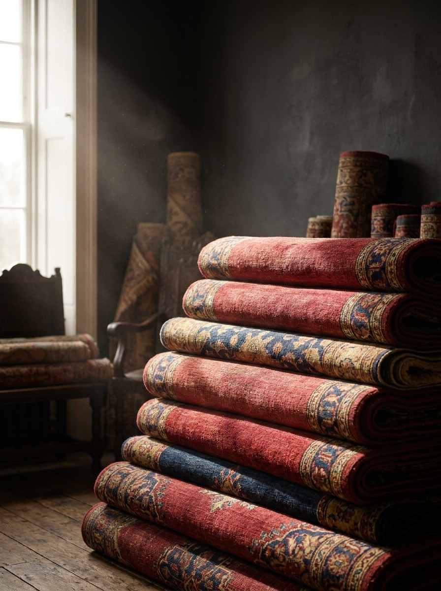 A stack of folded Persian and Turkish rugs in warm window light