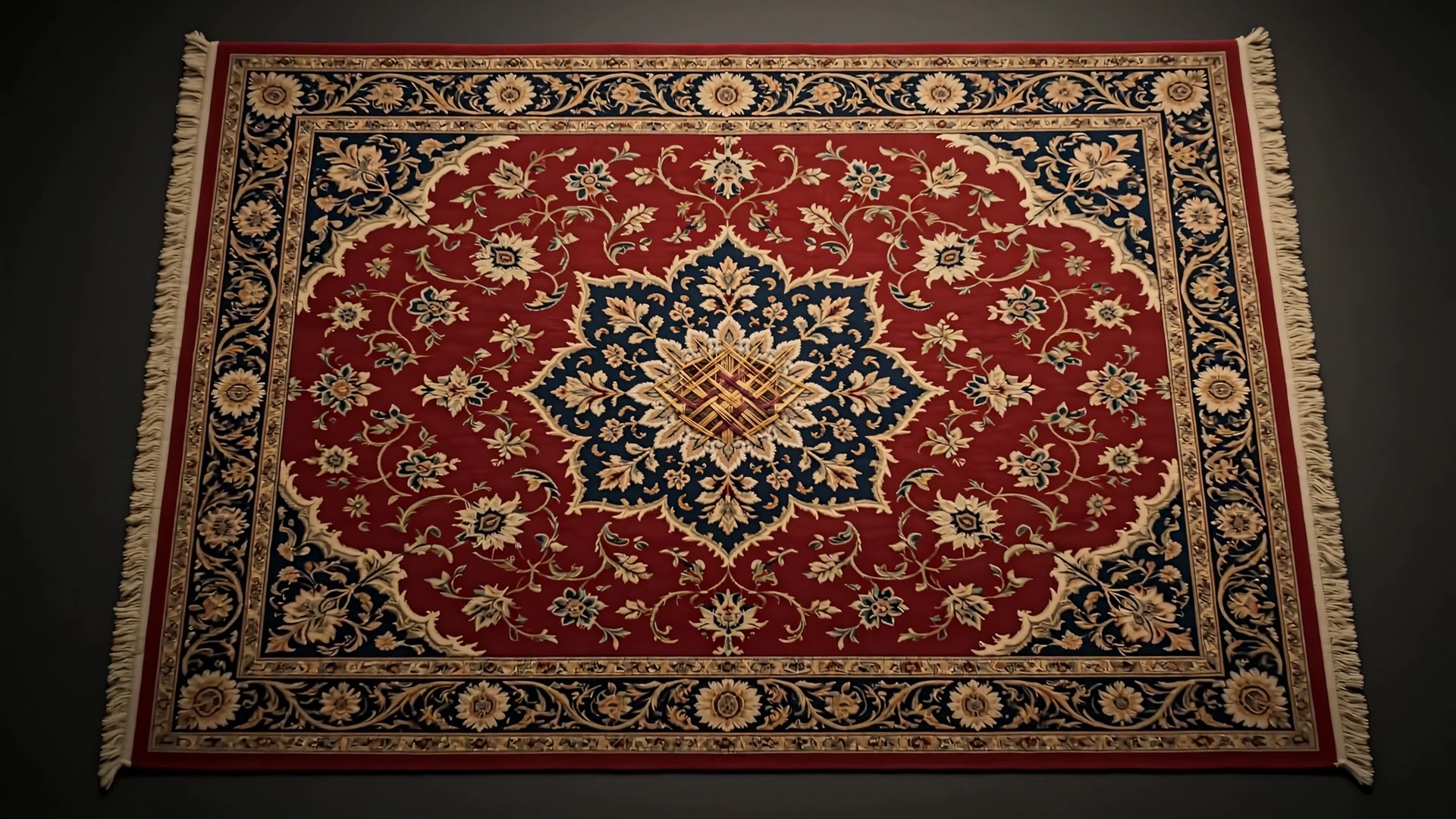 An ornate red and indigo Persian rug, fully woven, lit like a museum piece