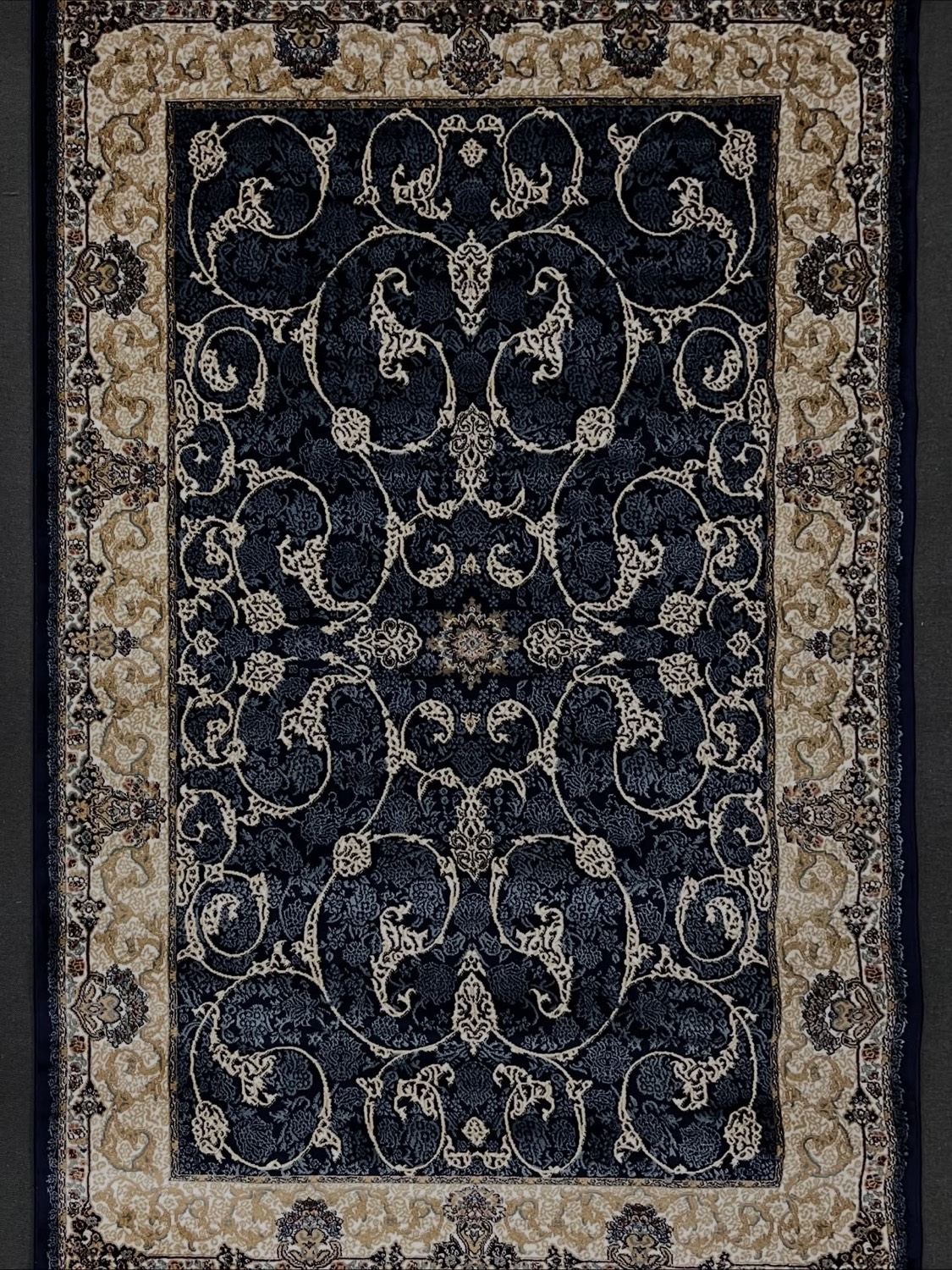 Turkish rug with Persian-inspired navy and cream design